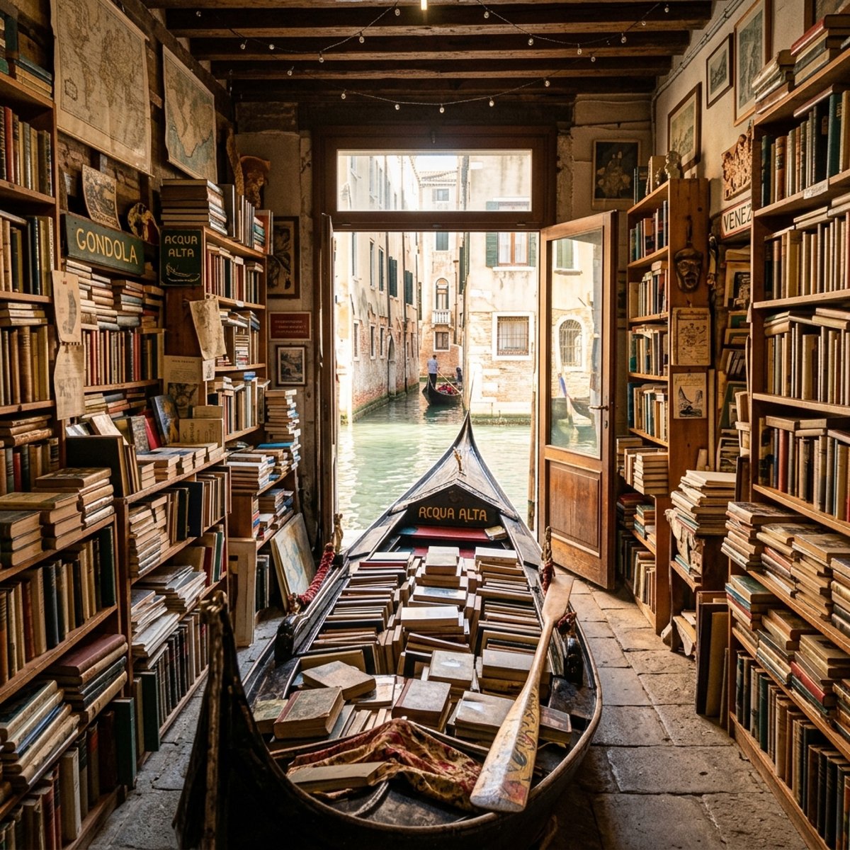 Черная венецианская гондола наполненная книгами внутри магазина Libreria Acqua Alta