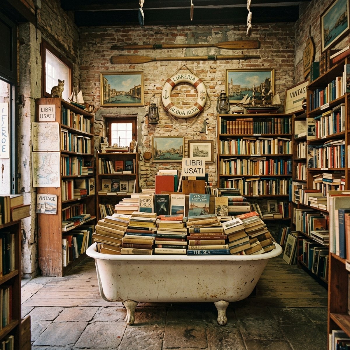 Старая белая чугунная ванна доверху заполненная книгами в магазине Libreria Acqua Alta