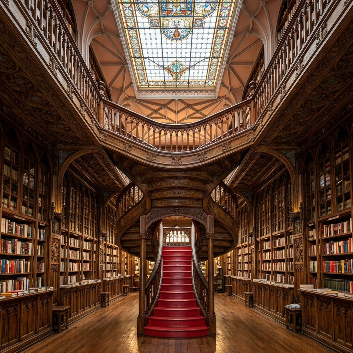 Общий вид интерьера магазина Livraria Lello с красной лестницей