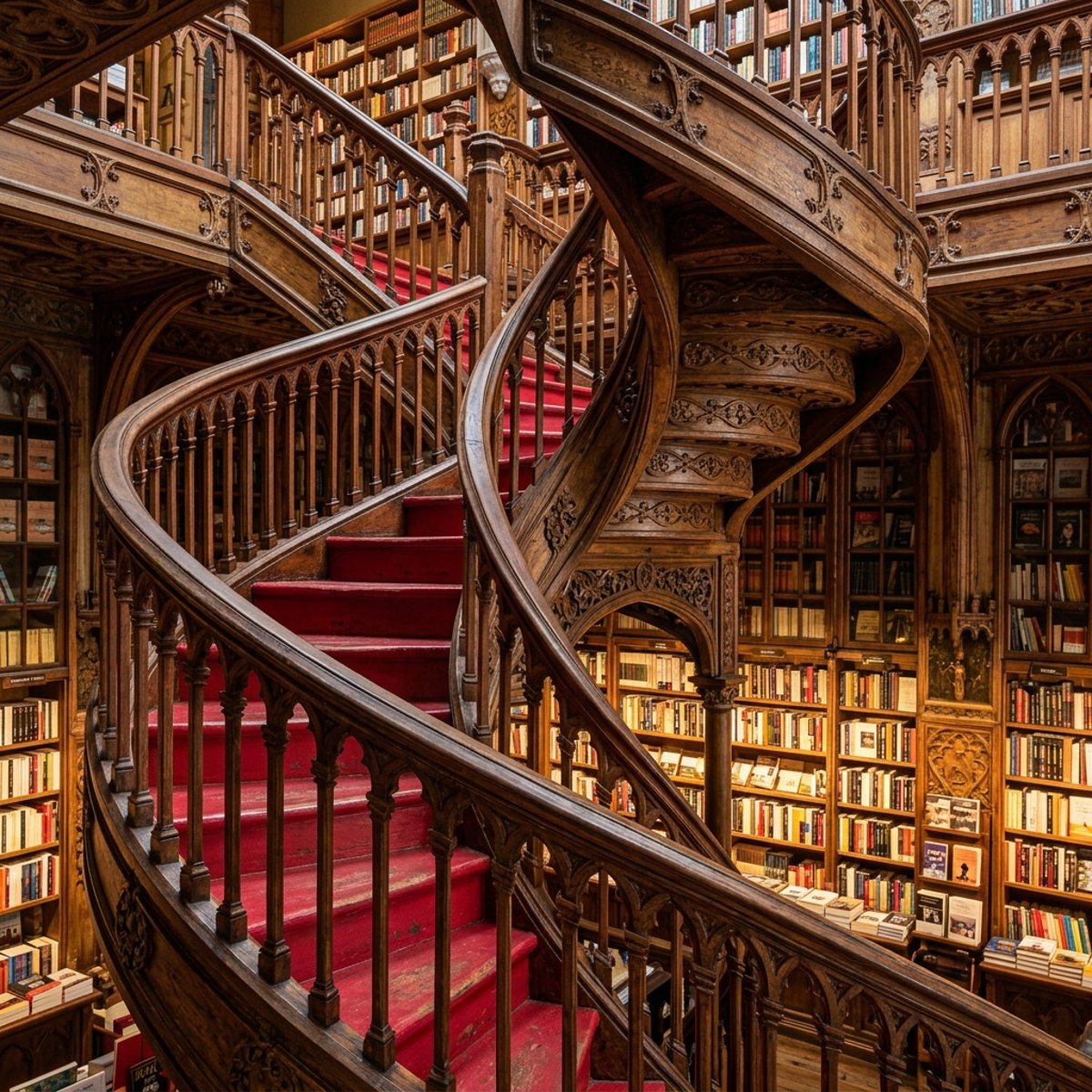 Знаменитая изогнутая красная лестница в магазине Livraria Lello