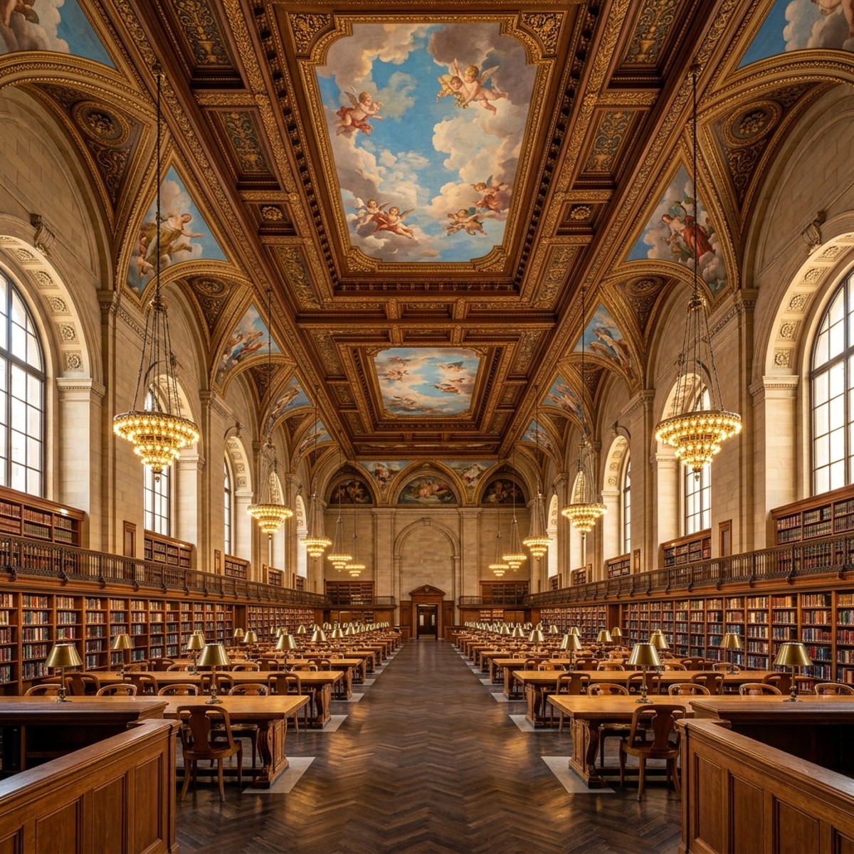 Rose Main Reading Room — знаменитый читальный зал Публичной библиотеки Нью-Йорка с роскошными люстрами и расписным потолком