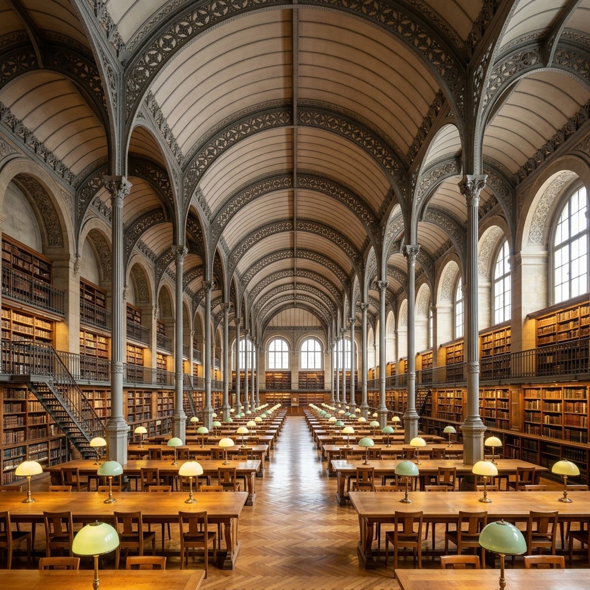 Читальный зал Библиотеки Сент-Женевьев с чугунными сводами