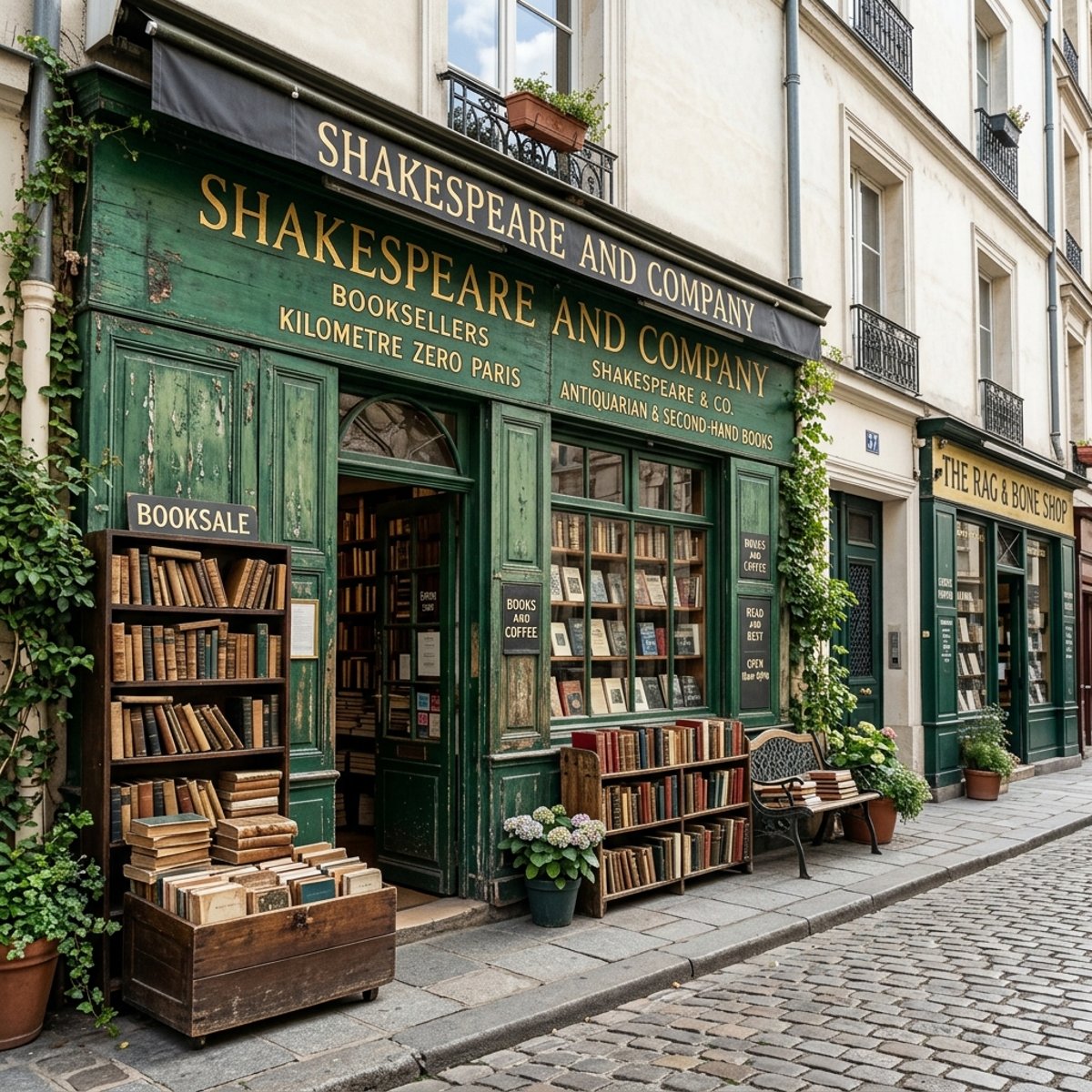 Зеленый фасад магазина Shakespeare and Company в Париже с книгами на улице