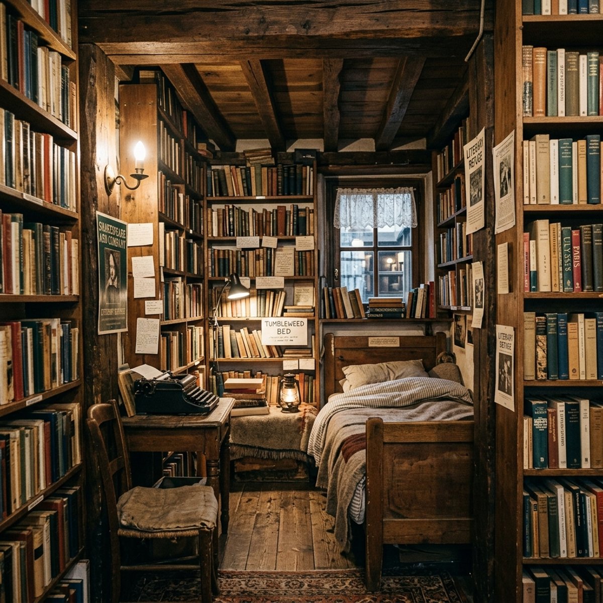 Тесный уютный интерьер книжного магазина с деревянными балками и маленькой кроватью среди книг