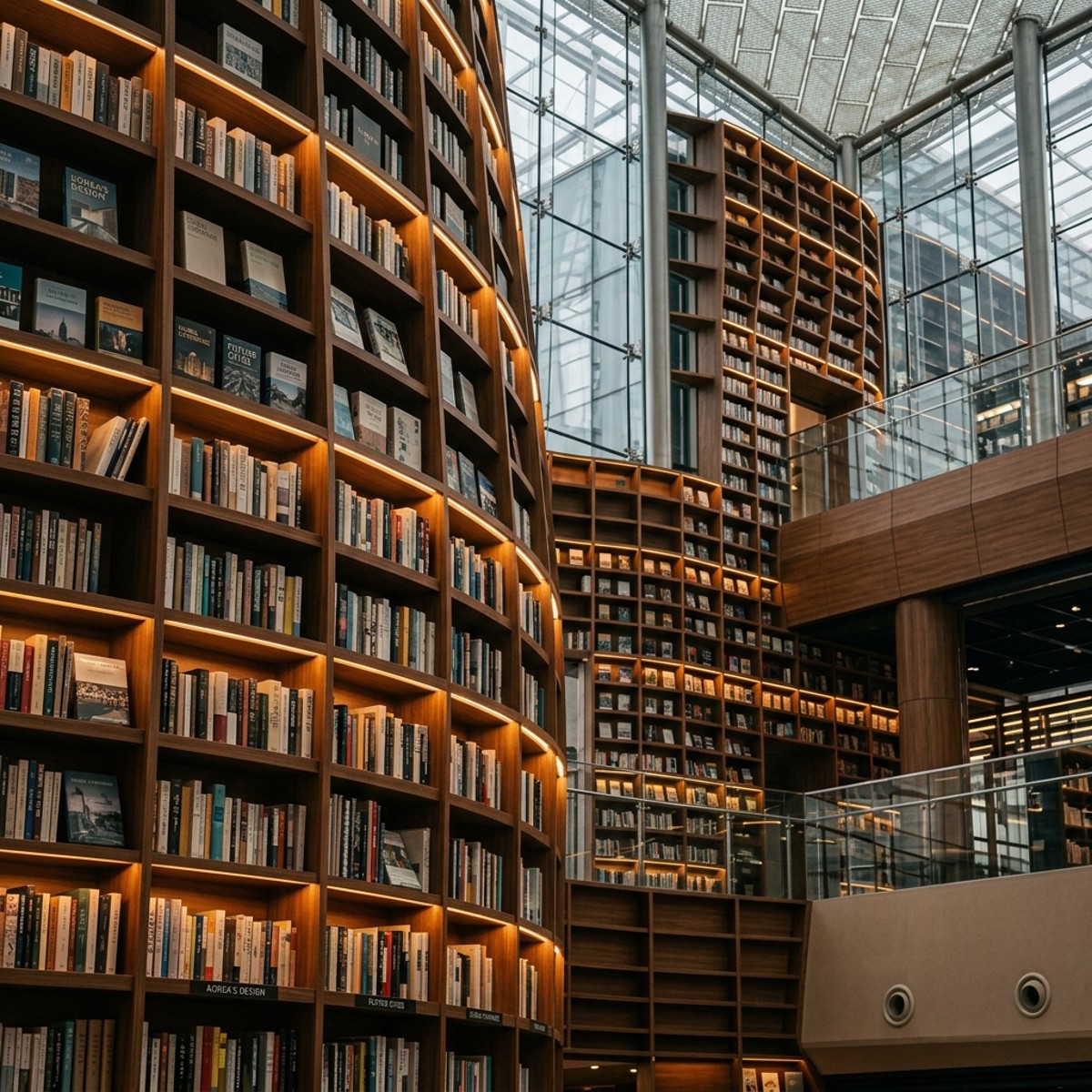 Детальный вид на полки со светящимися книгами в Starfield Library